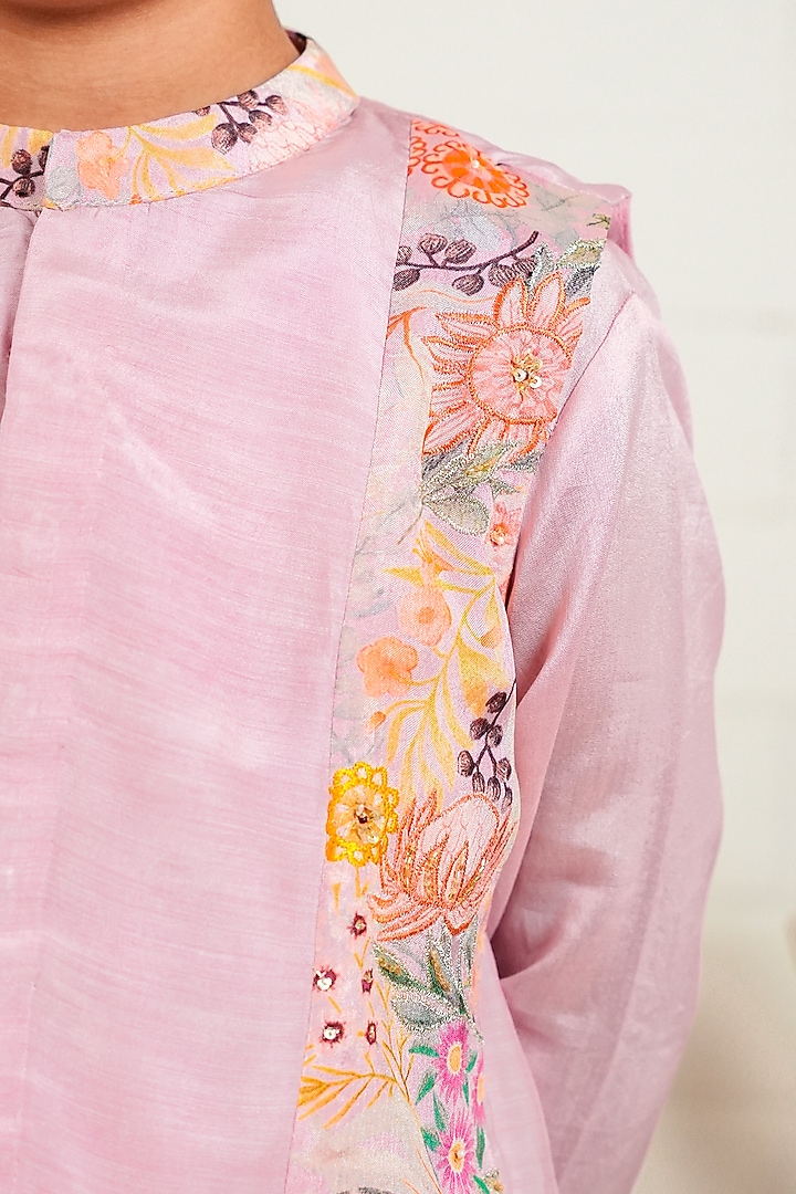 Baby Pink Pure Chanderi & Georgette Nehru Jacket Set For Boys by Little Maisyy at Pernia's Pop Up Shop