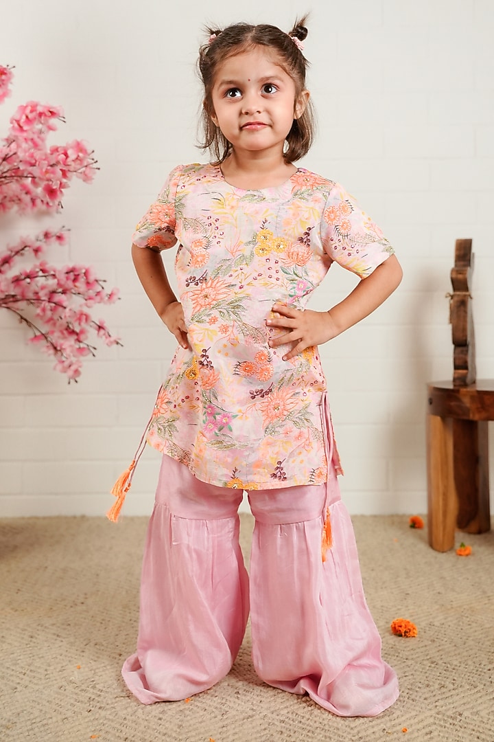 Baby Pink Pure Chanderi & Georgette Sharara Set For Girls by Little Maisyy at Pernia's Pop Up Shop