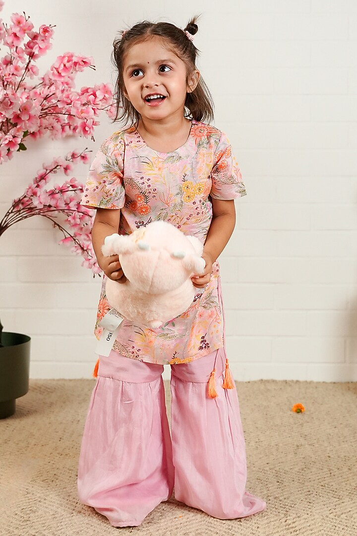 Baby Pink Pure Chanderi & Georgette Sharara Set For Girls by Little Maisyy at Pernia's Pop Up Shop