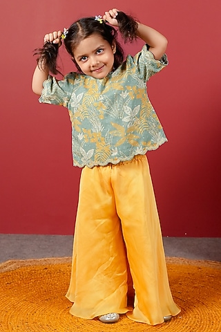 Yellow Organza & Schiffli Sharara Set For Girls by Little Maisyy