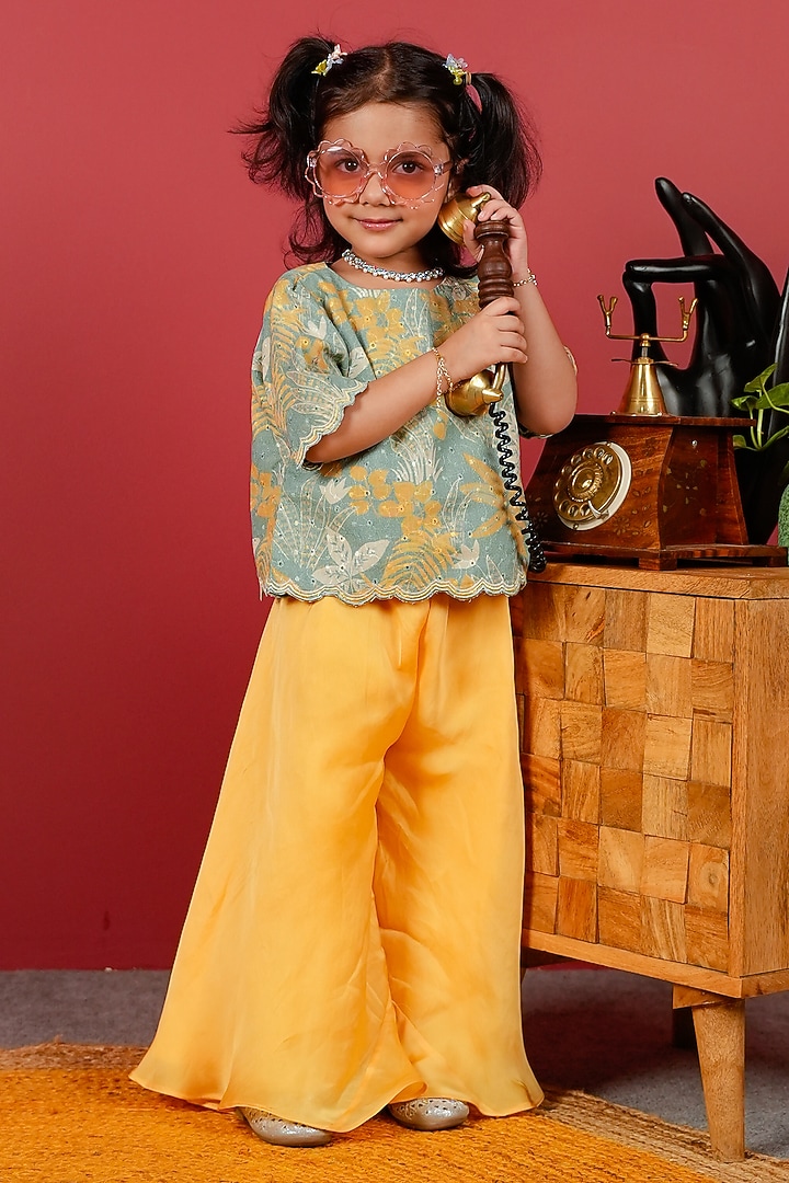 Yellow Organza & Schiffli Sharara Set For Girls by Little Maisyy at Pernia's Pop Up Shop