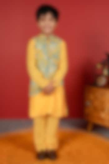 Sea Green Pure Chanderi & Schiffli Nehru Jacket Set For Boys by Little Maisyy at Pernia's Pop Up Shop