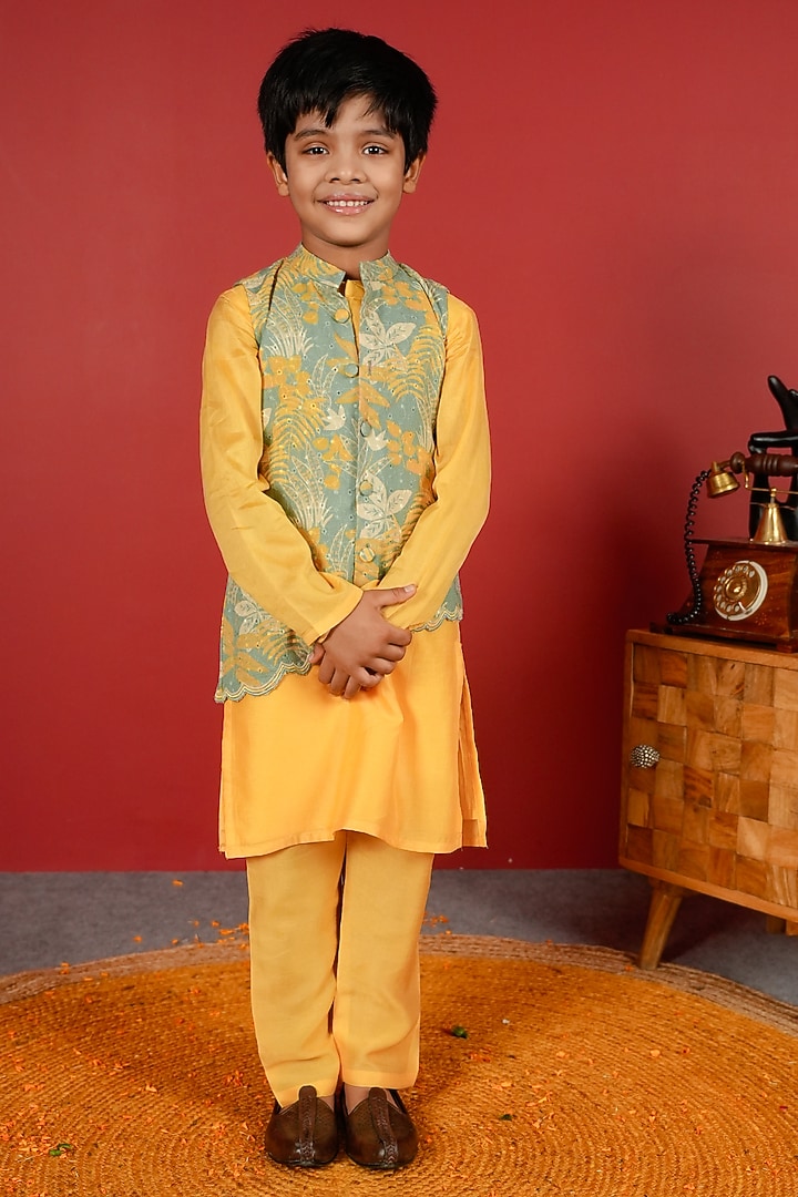 Sea Green Pure Chanderi & Schiffli Nehru Jacket Set For Boys by Little Maisyy at Pernia's Pop Up Shop