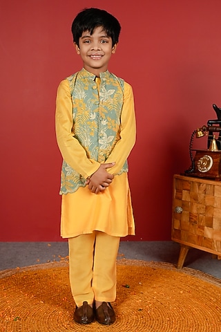 Sea Green Pure Chanderi & Schiffli Nehru Jacket Set For Boys by Little Maisyy
