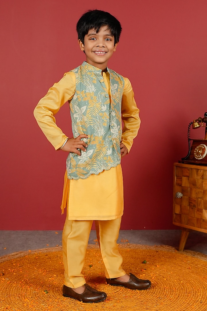 Sea Green Pure Chanderi & Schiffli Nehru Jacket Set For Boys by Little Maisyy at Pernia's Pop Up Shop