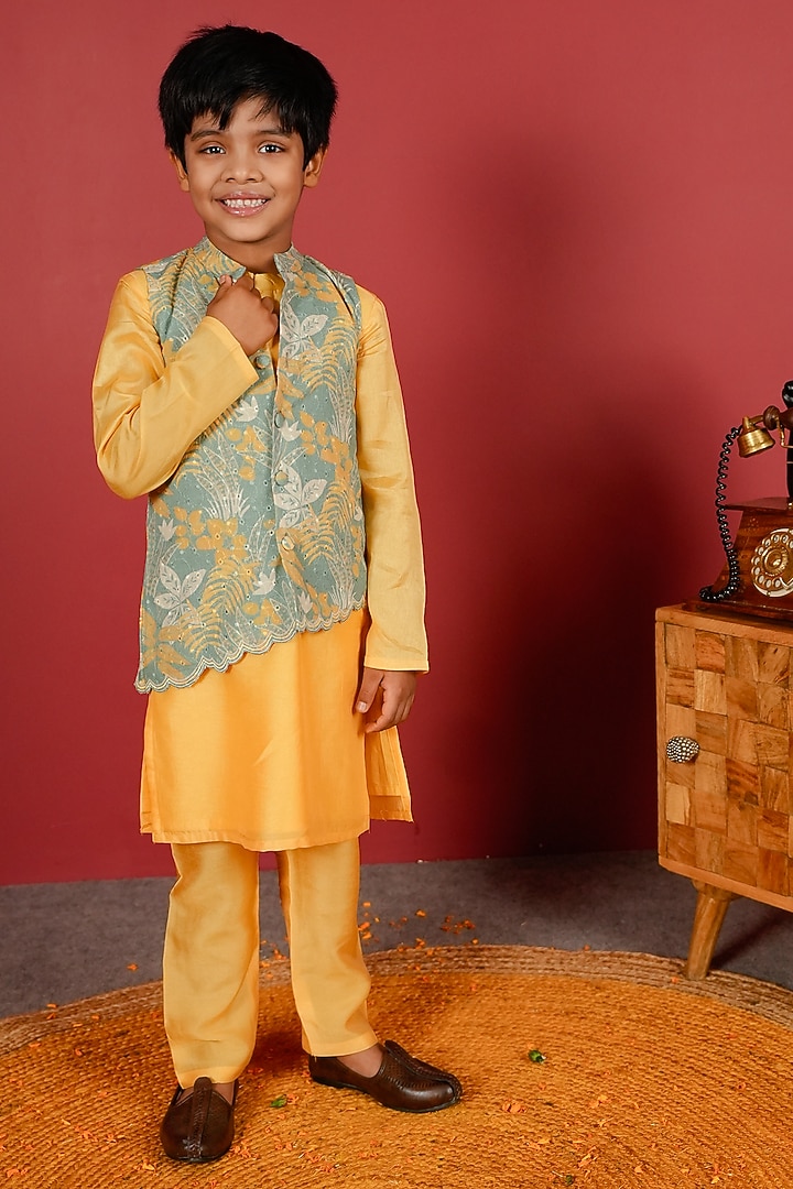 Sea Green Pure Chanderi & Schiffli Nehru Jacket Set For Boys by Little Maisyy at Pernia's Pop Up Shop