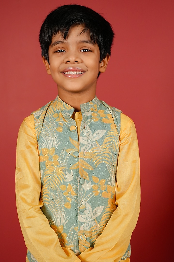 Sea Green Pure Chanderi & Schiffli Nehru Jacket Set For Boys by Little Maisyy at Pernia's Pop Up Shop