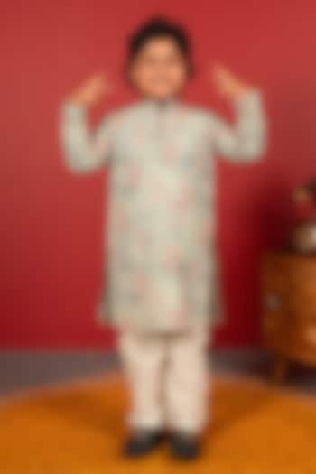 Bluish Grey Georgette & Pure Chanderi Kurta Set For Boys by Little Maisyy at Pernia's Pop Up Shop