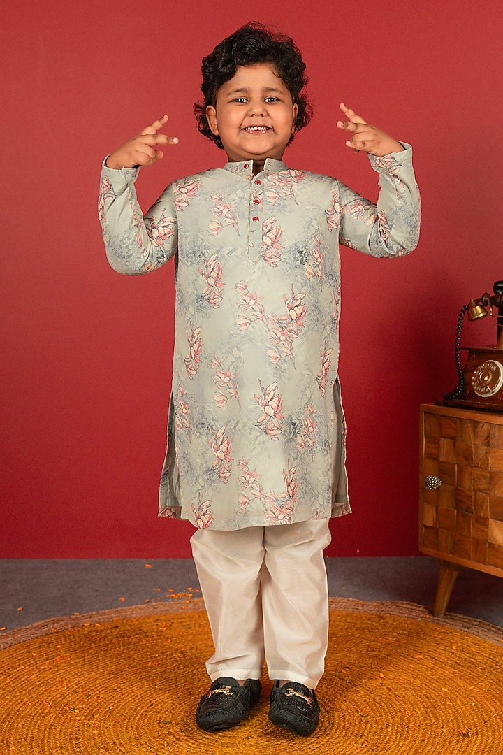 Bluish Grey Georgette & Pure Chanderi Kurta Set For Boys by Little Maisyy at Pernia's Pop Up Shop