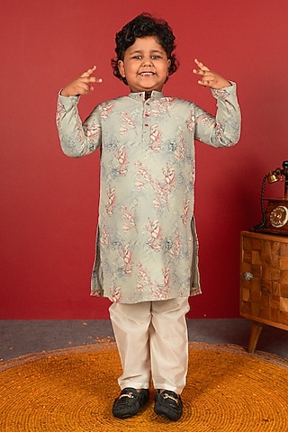 Bluish Grey Georgette & Pure Chanderi Kurta Set For Boys by Little Maisyy