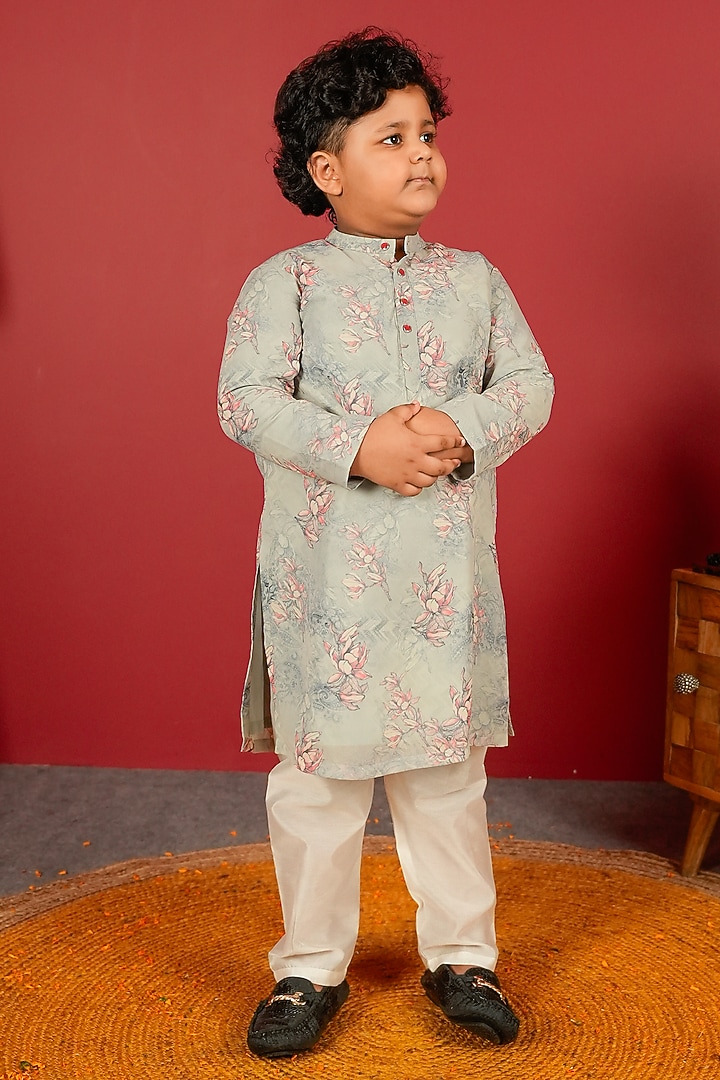 Bluish Grey Georgette & Pure Chanderi Kurta Set For Boys by Little Maisyy at Pernia's Pop Up Shop
