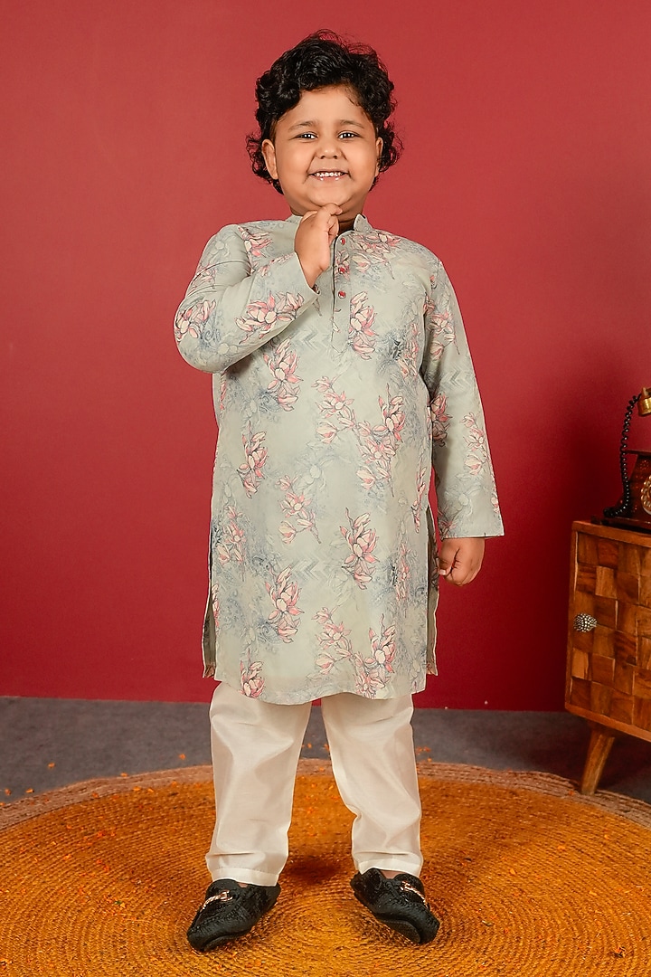Bluish Grey Georgette & Pure Chanderi Kurta Set For Boys by Little Maisyy at Pernia's Pop Up Shop