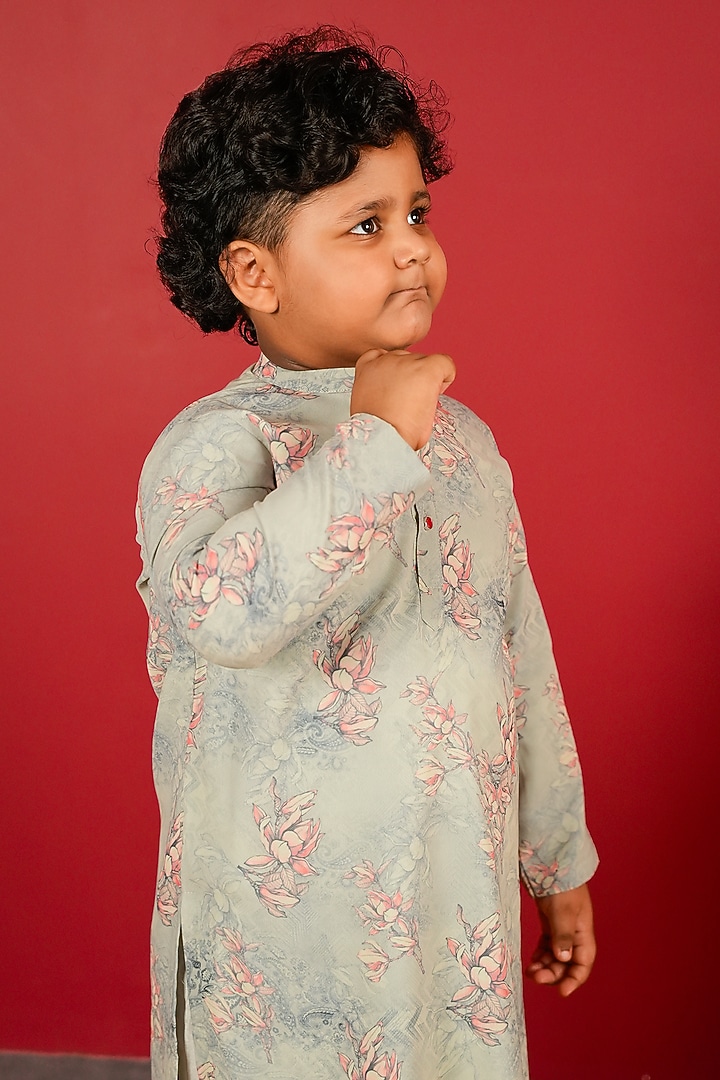 Bluish Grey Georgette & Pure Chanderi Kurta Set For Boys by Little Maisyy at Pernia's Pop Up Shop