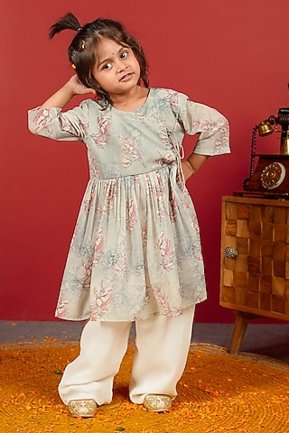 Bluish Grey Georgette & Pure Chanderi Anarkali Set For Boys by Little Maisyy