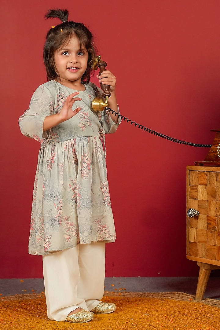Bluish Grey Georgette & Pure Chanderi Anarkali Set For Boys by Little Maisyy at Pernia's Pop Up Shop