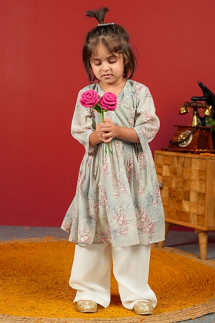 Bluish Grey Georgette & Pure Chanderi Anarkali Set For Boys by Little Maisyy at Pernia's Pop Up Shop
