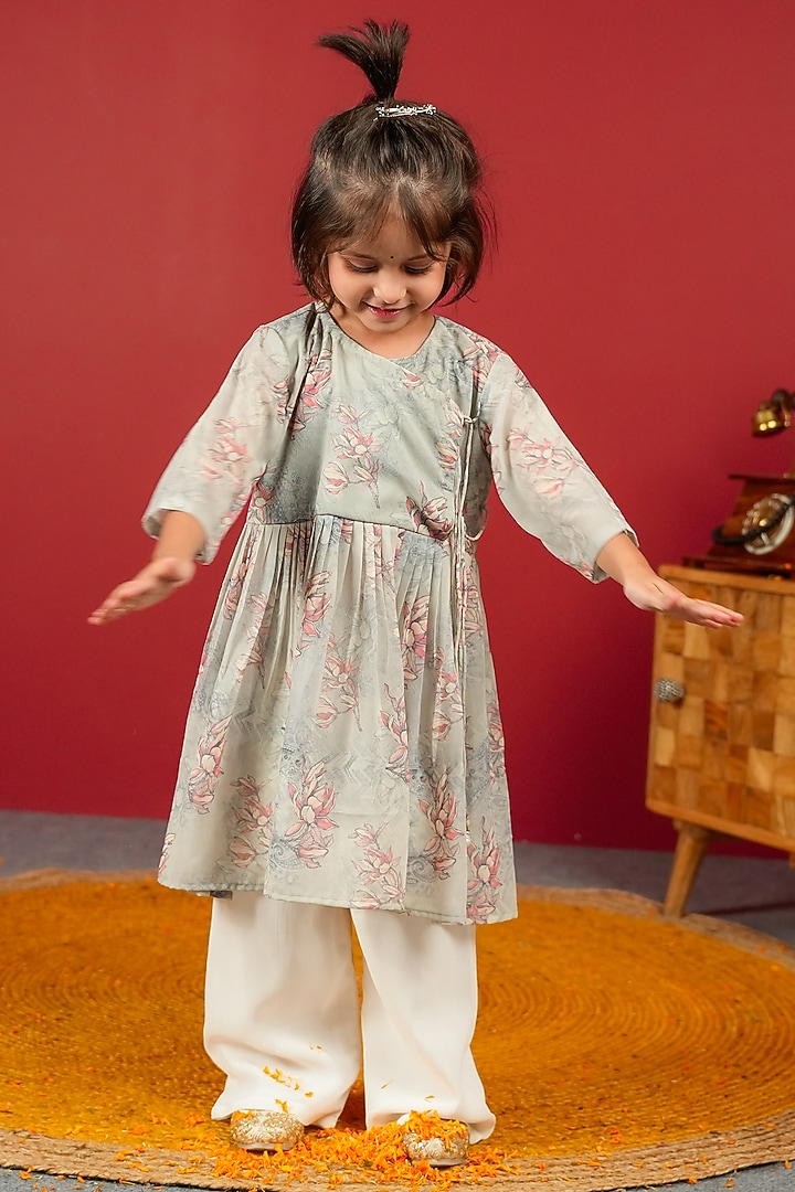 Bluish Grey Georgette & Pure Chanderi Anarkali Set For Boys by Little Maisyy at Pernia's Pop Up Shop