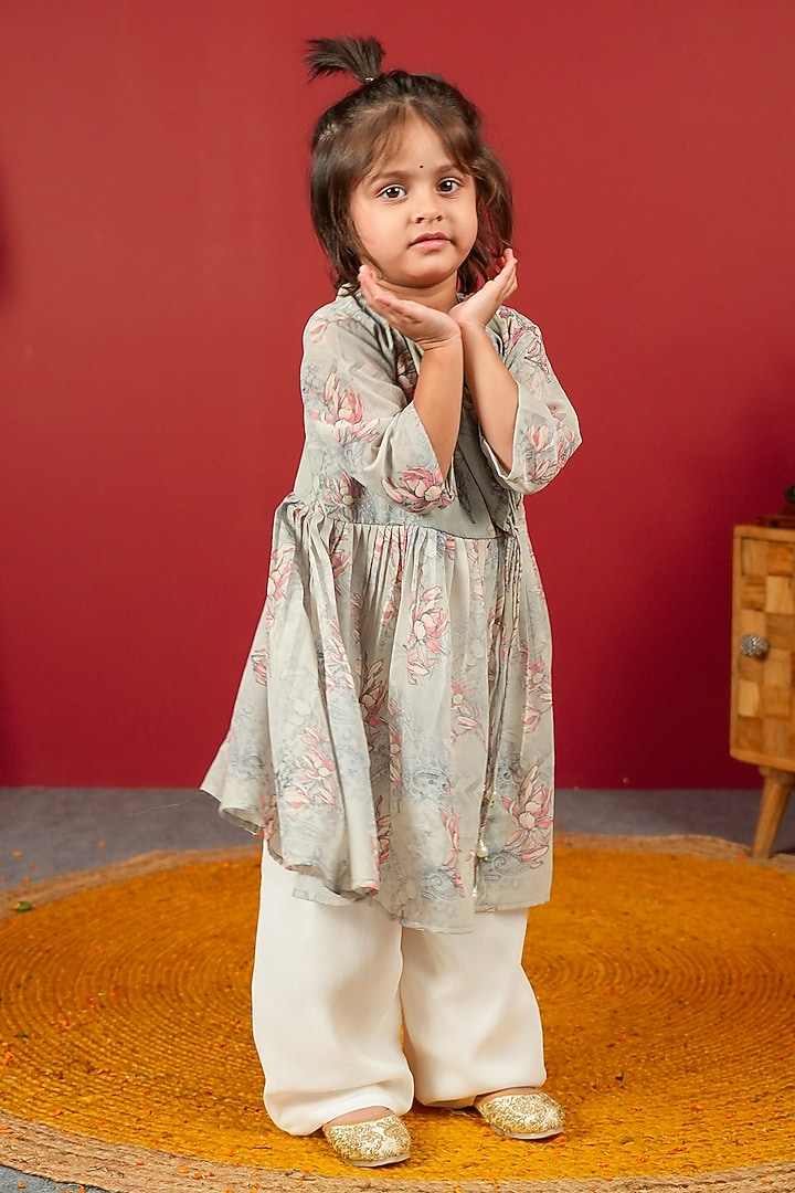 Bluish Grey Georgette & Pure Chanderi Anarkali Set For Boys by Little Maisyy at Pernia's Pop Up Shop