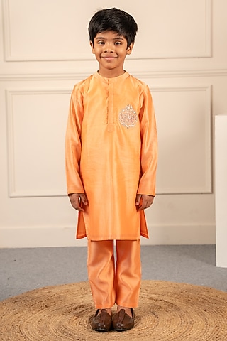 Peach Pure Chanderi Kurta Set For Boys by Little Maisyy