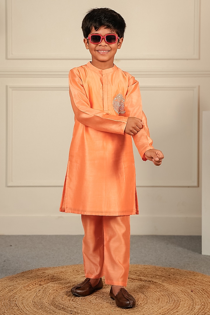 Peach Pure Chanderi Kurta Set For Boys by Little Maisyy at Pernia's Pop Up Shop
