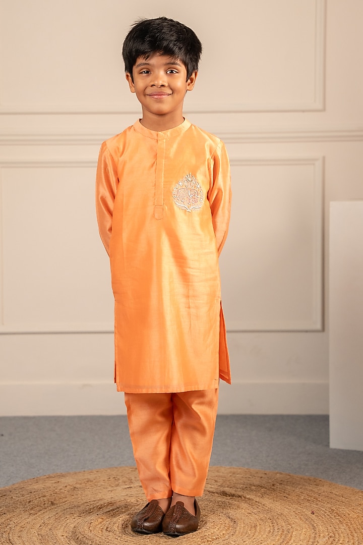 Peach Pure Chanderi Kurta Set For Boys by Little Maisyy at Pernia's Pop Up Shop