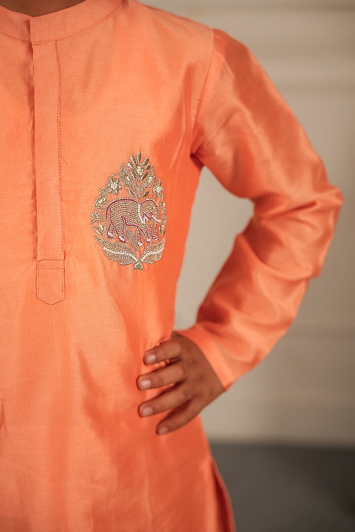 Peach Pure Chanderi Kurta Set For Boys by Little Maisyy at Pernia's Pop Up Shop