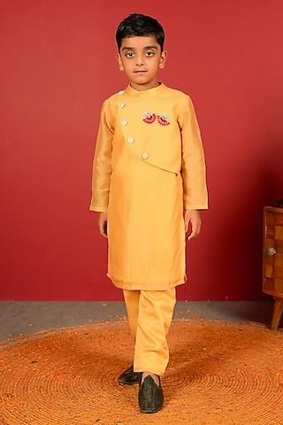 Golden Pure Chanderi Kurta Set For Boys by Little Maisyy