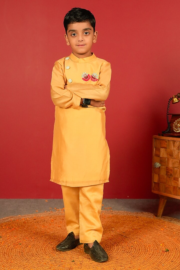 Golden Pure Chanderi Kurta Set For Boys by Little Maisyy at Pernia's Pop Up Shop