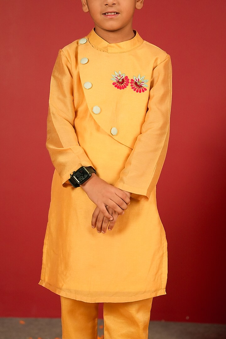 Golden Pure Chanderi Kurta Set For Boys by Little Maisyy at Pernia's Pop Up Shop
