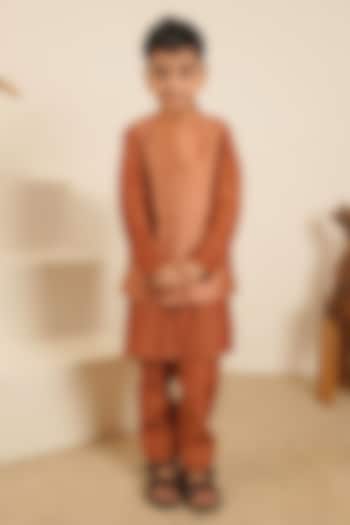 Brown Pure Chanderi & Banarasi Cotton Nehru Jacket Set For Boys by Little Maisyy at Pernia's Pop Up Shop