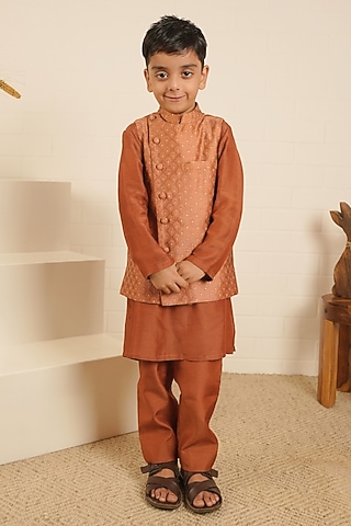 Brown Pure Chanderi & Banarasi Cotton Nehru Jacket Set For Boys by Little Maisyy
