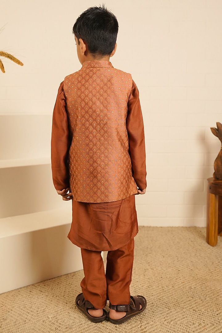 Brown Pure Chanderi & Banarasi Cotton Nehru Jacket Set For Boys by Little Maisyy at Pernia's Pop Up Shop