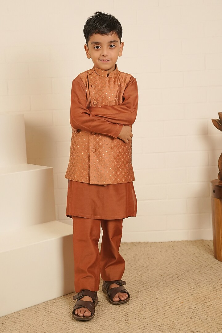 Brown Pure Chanderi & Banarasi Cotton Nehru Jacket Set For Boys by Little Maisyy at Pernia's Pop Up Shop