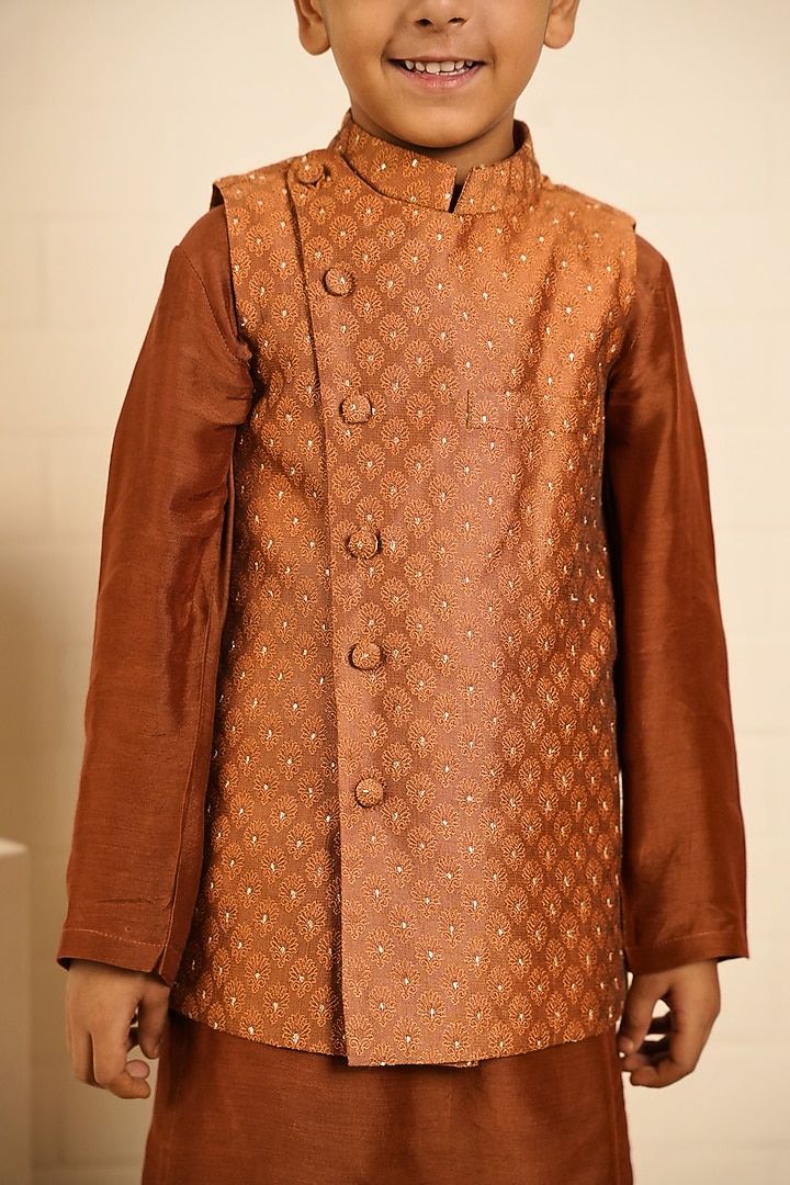 Brown Pure Chanderi & Banarasi Cotton Nehru Jacket Set For Boys by Little Maisyy at Pernia's Pop Up Shop