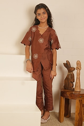 Brown Pure Chanderi Co-Ord Set For Girls by Little Maisyy