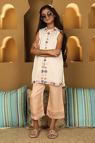 Off-White Organza Co-Ord Set For Girls by Little Maisyy