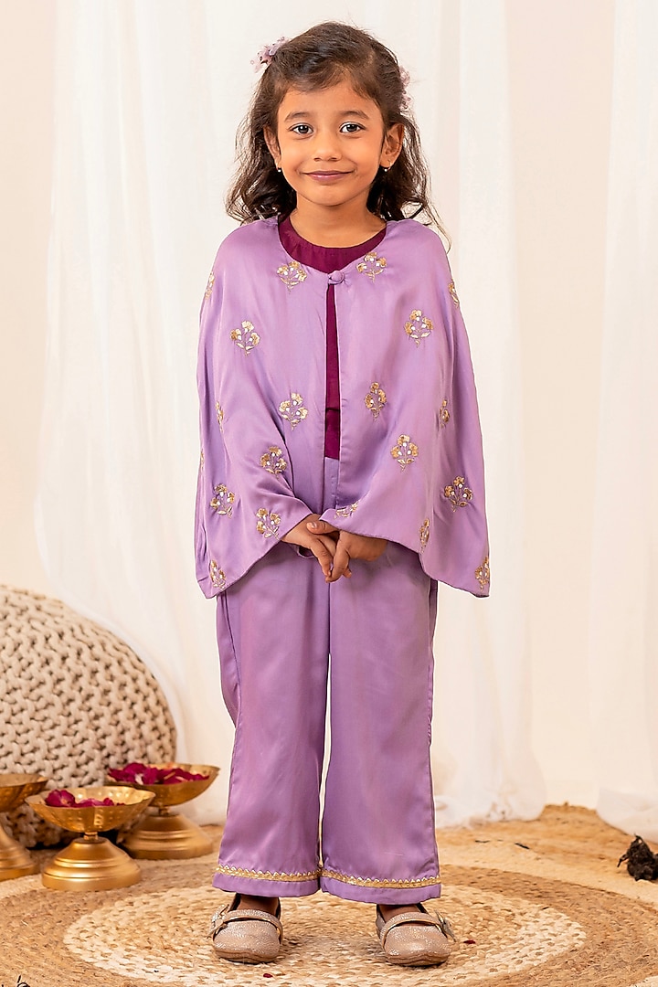 Lavender Modal Silk Floral Embroidered Cape Set For Girls by Little Maisyy at Pernia's Pop Up Shop