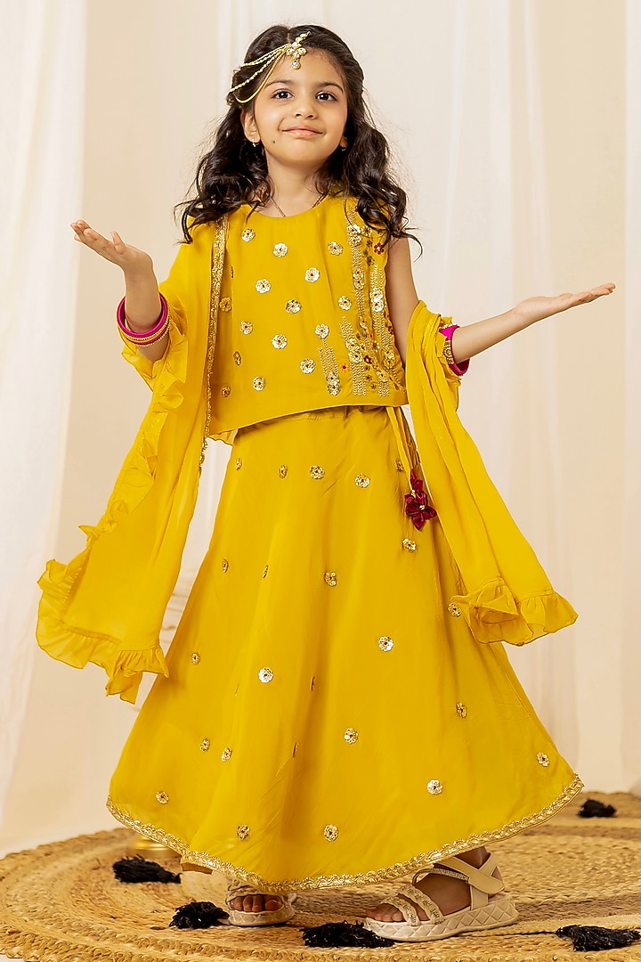Yellow Pure Organza Sequins Work Lehenga Set For Girls by Little Maisyy at Pernia's Pop Up Shop