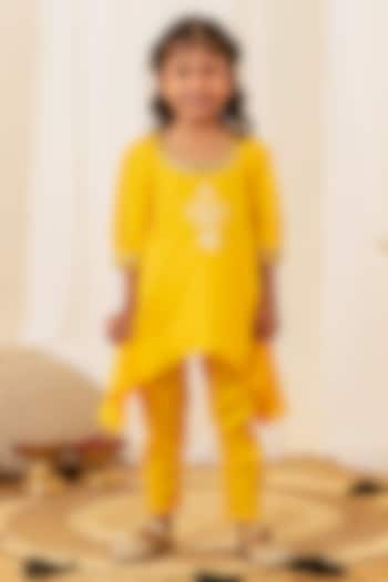 Bright Yellow Swiss Cotton Embroidered Kurta Set For Girls by Little Maisyy at Pernia's Pop Up Shop