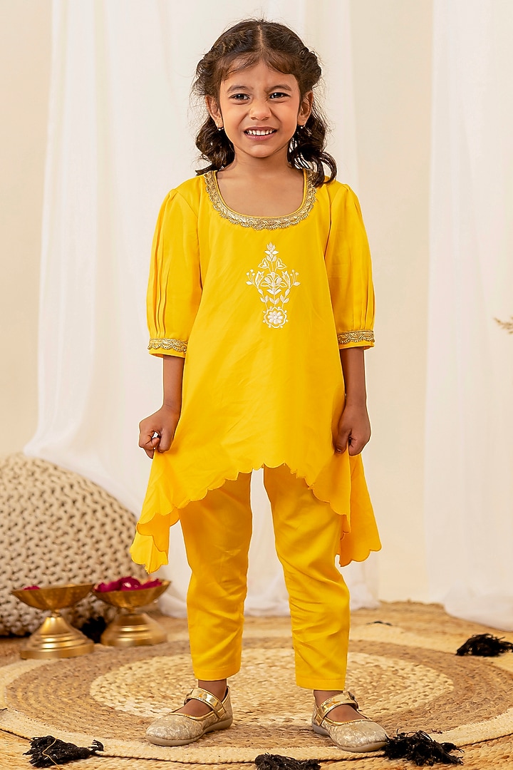 Bright Yellow Swiss Cotton Embroidered Kurta Set For Girls by Little Maisyy at Pernia's Pop Up Shop