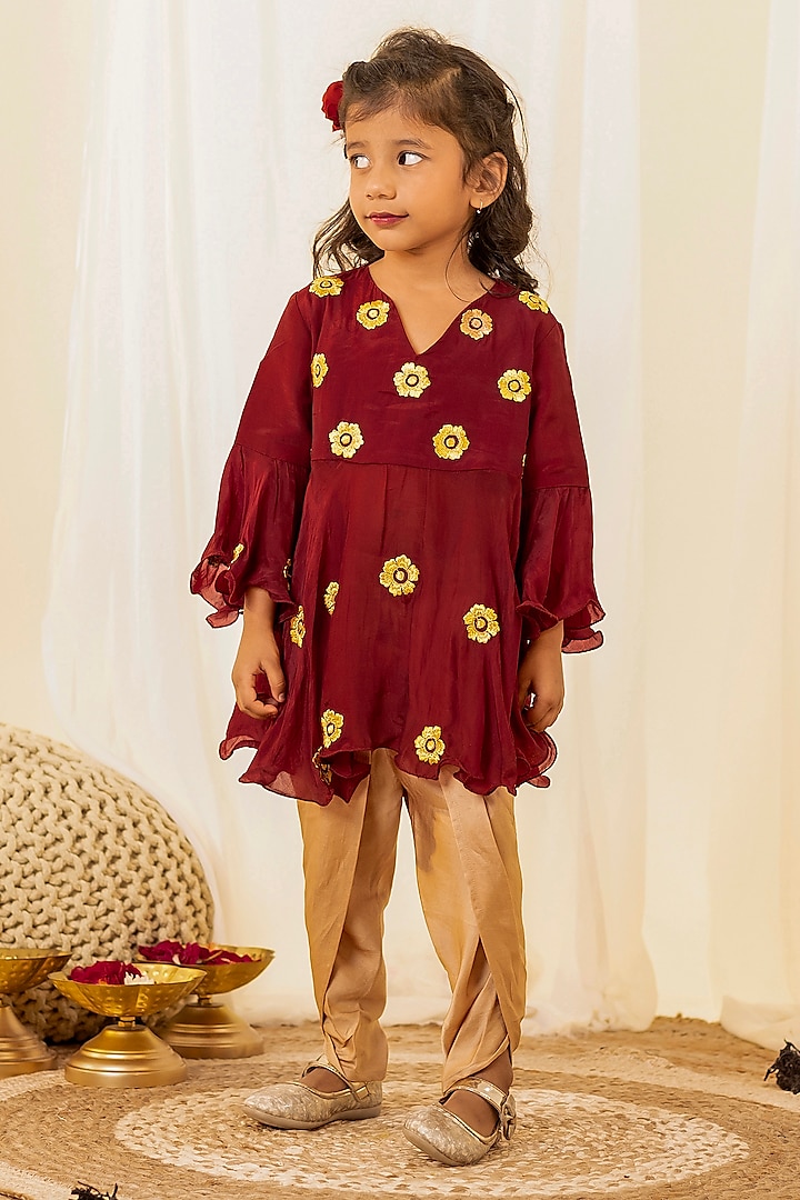 Golden Modal Silk Dhoti Set For Girls by Little Maisyy at Pernia's Pop Up Shop