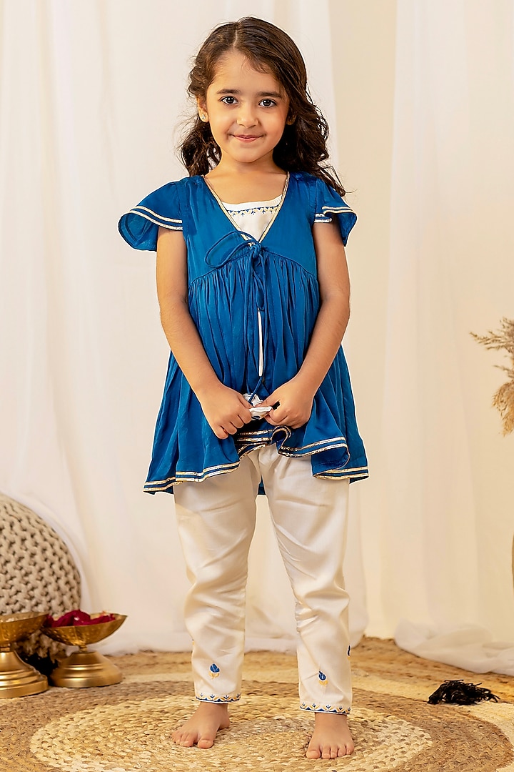 Cobalt Blue Modal Silk Embroidered Cape Set For Girls by Little Maisyy at Pernia's Pop Up Shop
