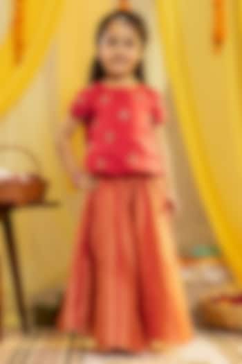 Peach & Orange Russia Silk Lehenga Set For Girls by Little Maisyy at Pernia's Pop Up Shop