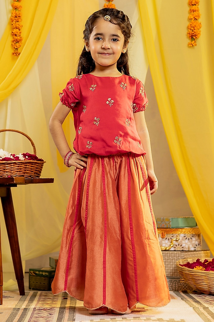 Peach & Orange Russia Silk Lehenga Set For Girls by Little Maisyy at Pernia's Pop Up Shop