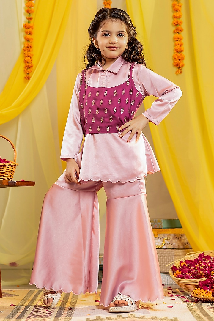 Wine Summer Silk Embroidered Jacket Set For Girls by Little Maisyy at Pernia's Pop Up Shop