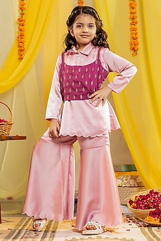Wine Summer Silk Embroidered Jacket Set For Girls by Little Maisyy