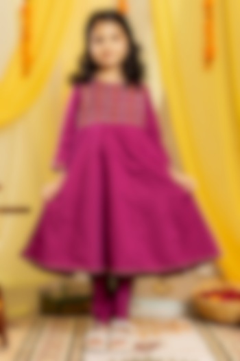 Wine Swiss Cotton Embroidered Anarkali Set For Girls by Little Maisyy at Pernia's Pop Up Shop