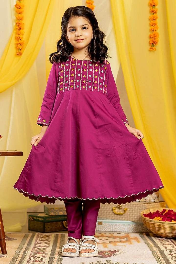Wine Swiss Cotton Embroidered Anarkali Set For Girls by Little Maisyy at Pernia's Pop Up Shop