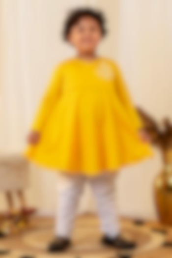 Bright Yellow Swiss Cotton Floral Embroidered Kurta Set For Boys by Little Maisyy at Pernia's Pop Up Shop