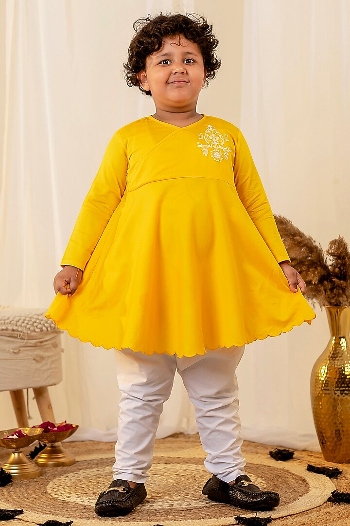 Bright Yellow Swiss Cotton Floral Embroidered Kurta Set For Boys by Little Maisyy at Pernia's Pop Up Shop
